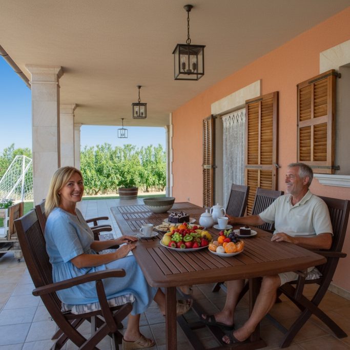 Überdachte Terrasse Ein Paar genießt ein Frühstück im Freien auf einer Terrasse mit Obst und Gemüse.