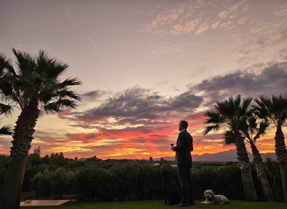 Blick aus dem Garten Mann steht mit Hund, schaut auf den Sonnenuntergang hinter Palmen.