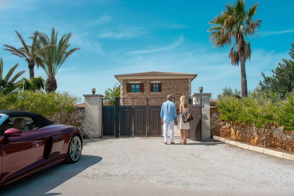 Einfahrt zur Finca Paar steht vor einem Eingangsbereich zu einem Gebäude, umgeben von Palmen.