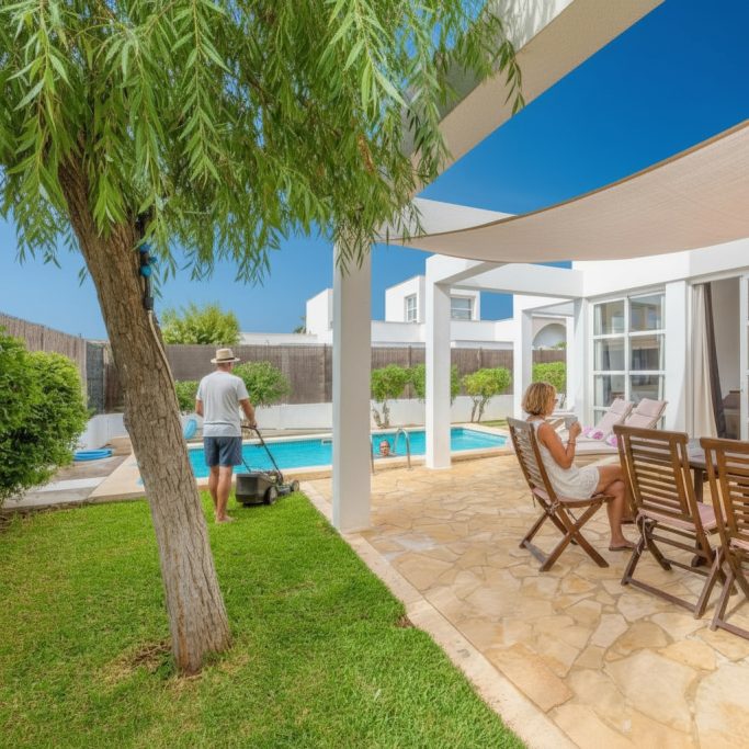 Garten Sitzgelegenheiten Ein einladender Garten mit Pool, Holzterrasse und entspannenden Sitzgelegenheiten.