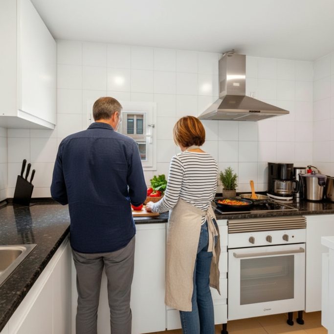 Küche Paar bereitet in einer modernen Küche gemeinsam eine Mahlzeit vor.