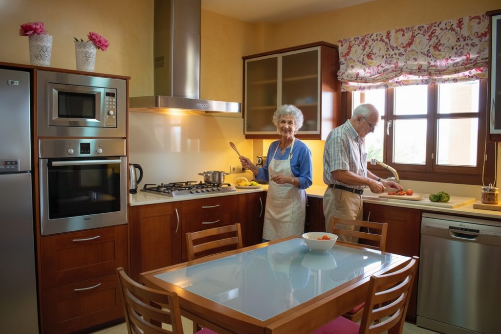 Große Küche Älteres Paar kocht zusammen in einer hellen, modernen Küche.