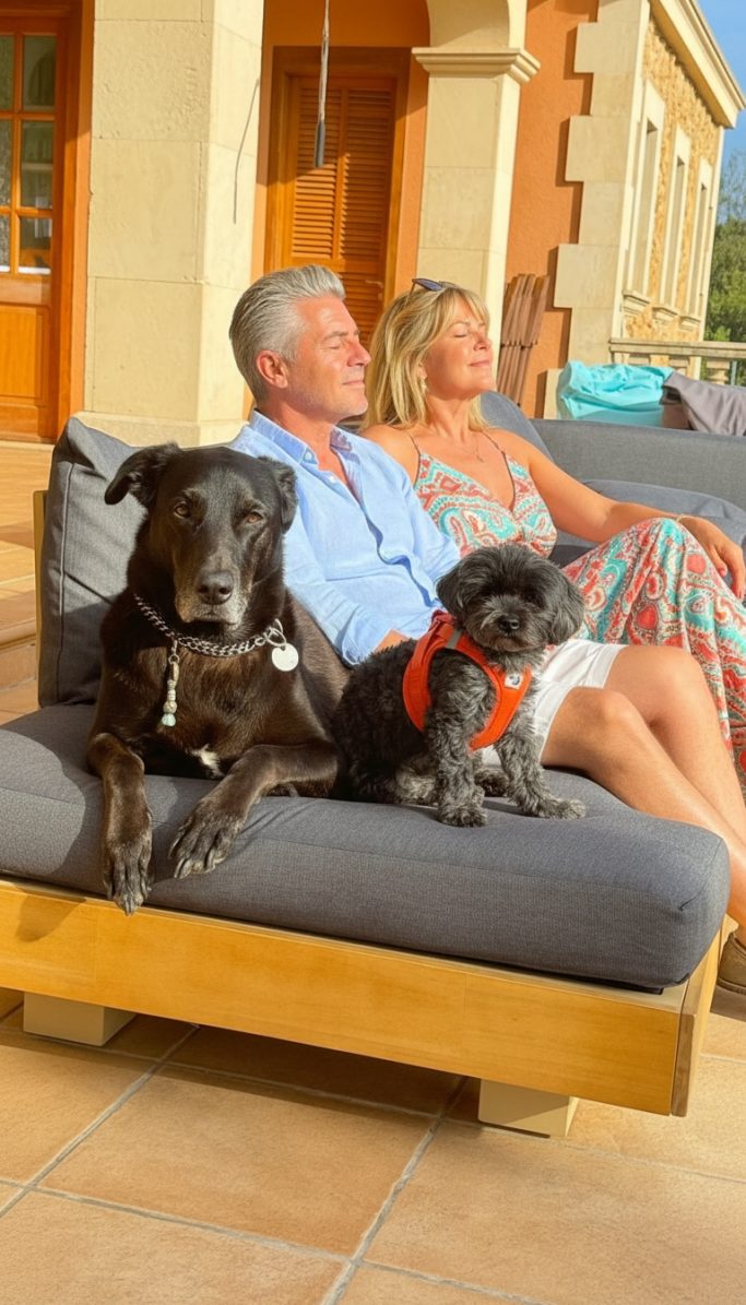 Hunde willkommen Ein Paar sitzt entspannt auf einer Couch mit zwei Hunden im Freien.