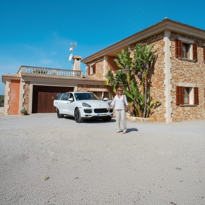 Viel Platz für PKW und Besuch Eine Frau steht vor einer Finca mit einem weißen SUV in der Einfahrt.